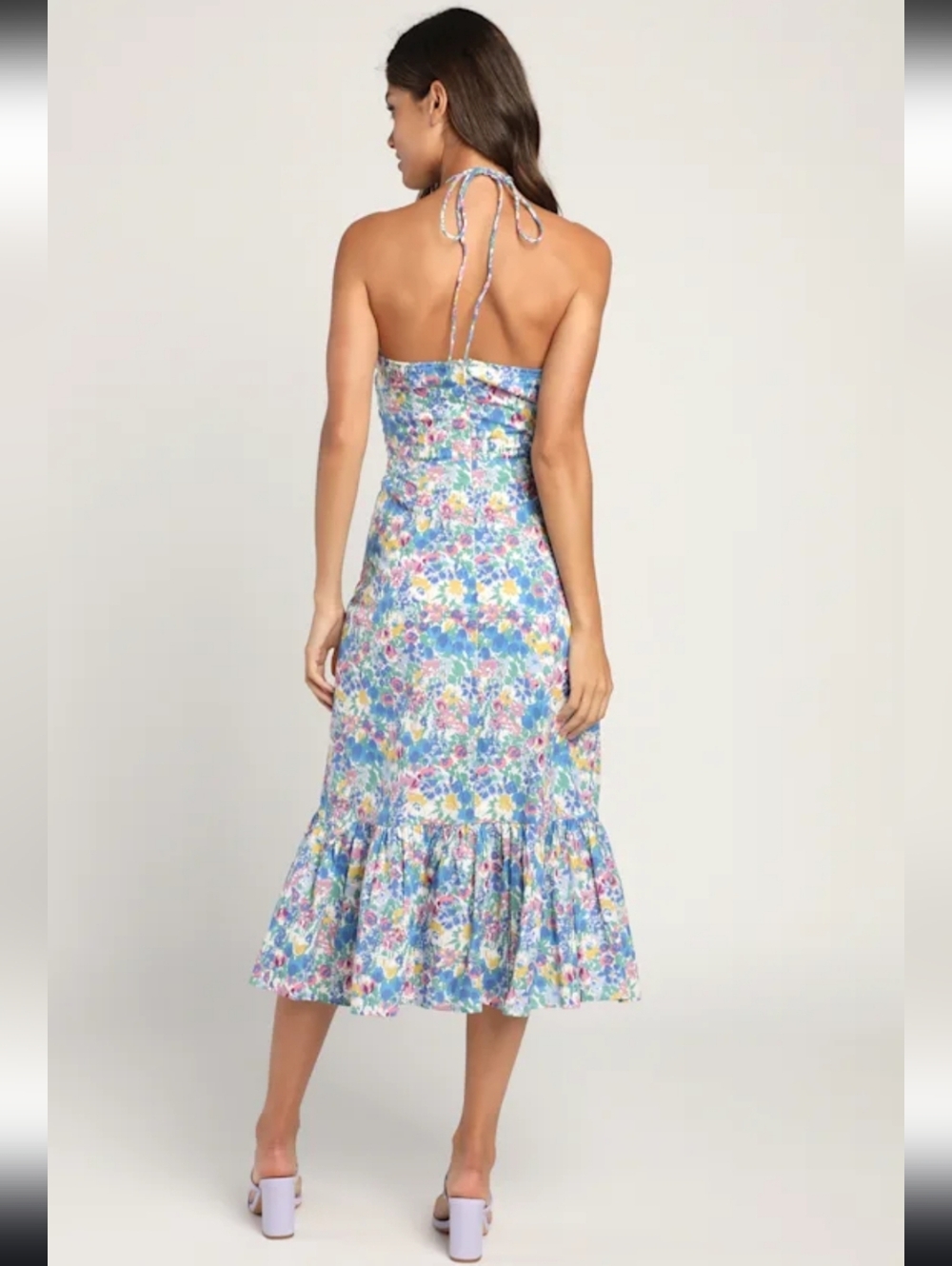 Lulus Stun The Scene Blue Multi Floral Print Drawstring Halter Midi Dress - Picture 3 of 10